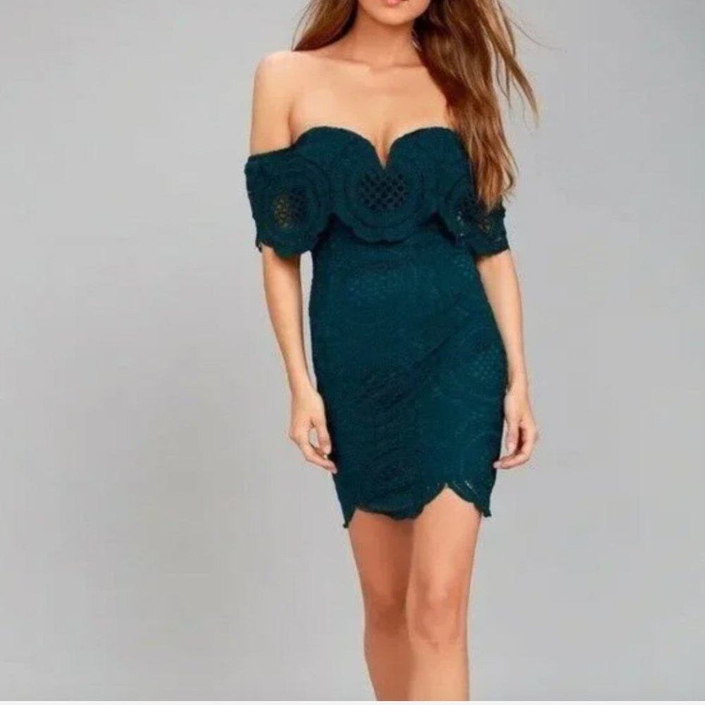 Lulus Bellissimo Teal Blue Lace Off-the-Shoulder Bodycon Dress Size Medium